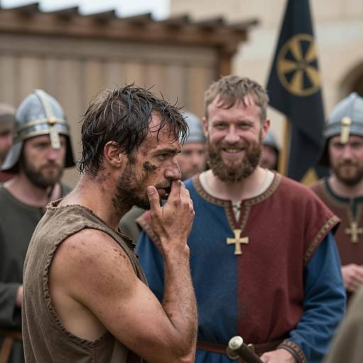 Medieval Scene with Muddy Man and Soldiers