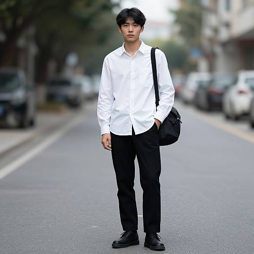 Photograph of an Asian man with black hair, wearing a white shirt, black pants, and black shoes, standing on a blurred urban street with a