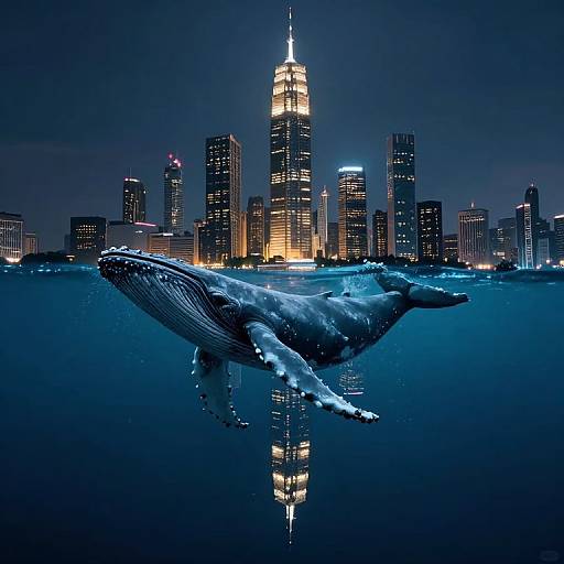 Photograph of a blue-lit humpback whale swimming below a city skyline at night, with illuminated skyscrapers reflecting in the water.