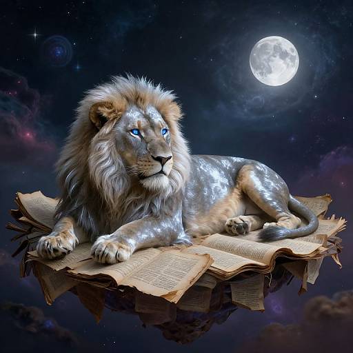 Digital artwork: Majestic lion with glowing blue eyes and silver fur lounges on an open, floating book under a bright full moon. Dark, star