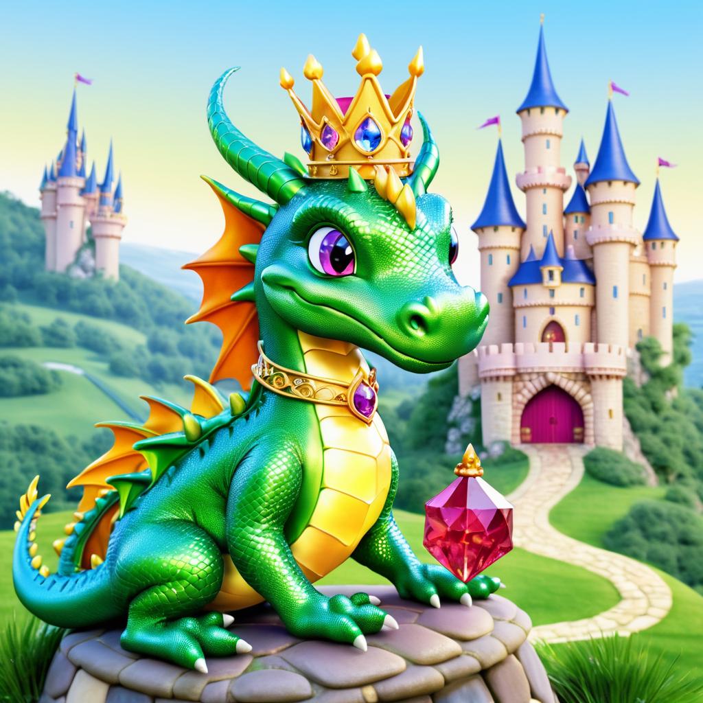 Whimsical Dragon with Crown and Gem