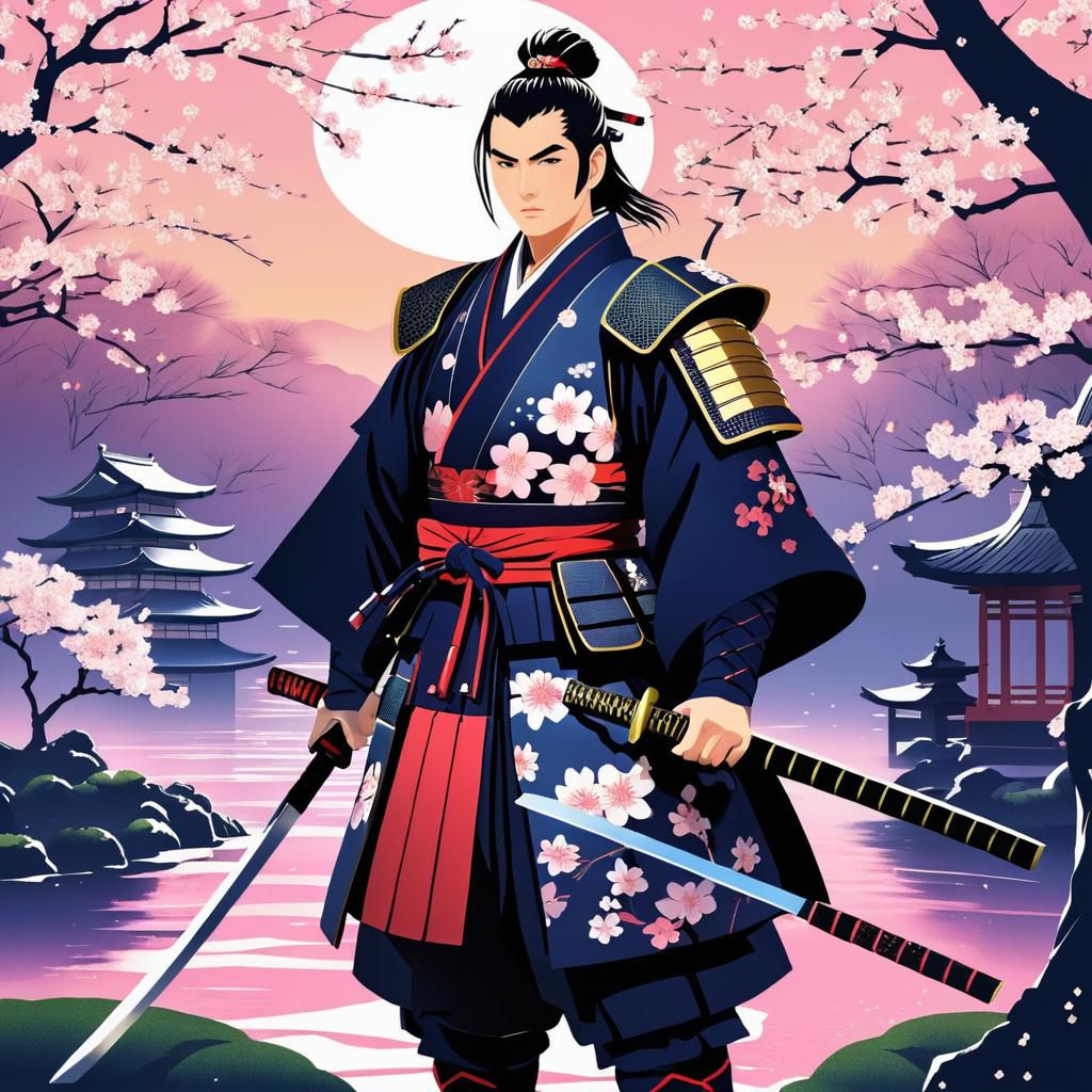 Brave Samurai in Serene Cherry Blossom Garden