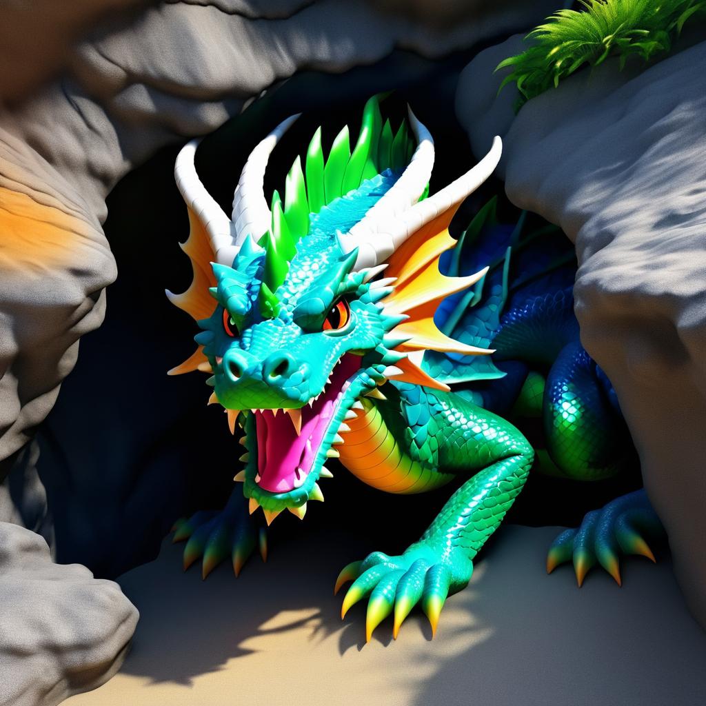 Elegant Female Dragon Emerging from Cave