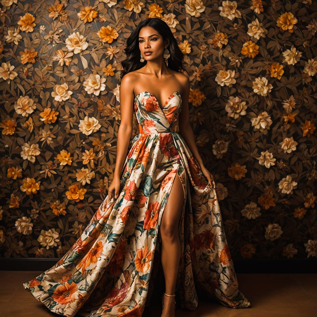 Graceful Latin American Woman in Floral Gown