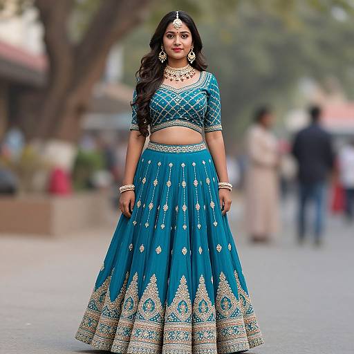Photograph of an Indian woman with long black hair, wearing a turquoise and gold embroidered traditional lehenga, standing confidently in a blurred outdoor urban setting.