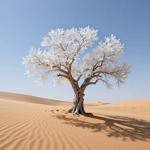 Photograph of a solitary, leafless tree with white, frost-like branches standing in a sunlit, rippled desert sand dune under a clear