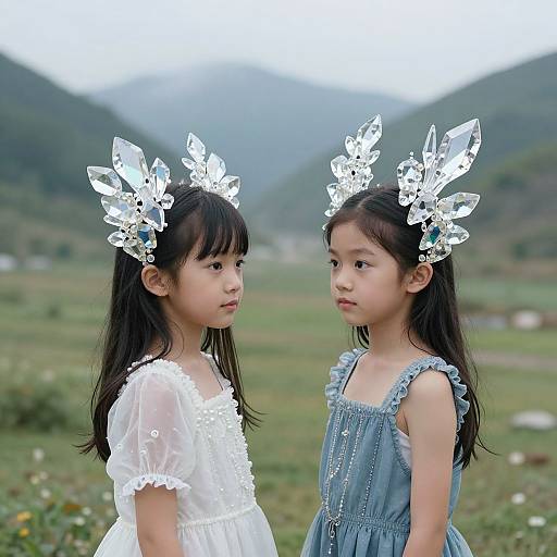 Photograph of two Asian girls with long black hair, wearing white and blue dresses, and large white crystal headpieces, standing in a green, mountain