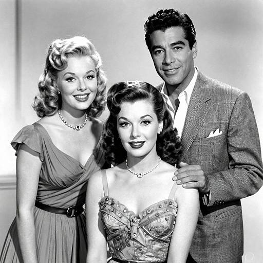 Black-and-white photograph of 1950s movie stars: a smiling blonde woman in a draped dress, a brunette woman in a beaded gown,