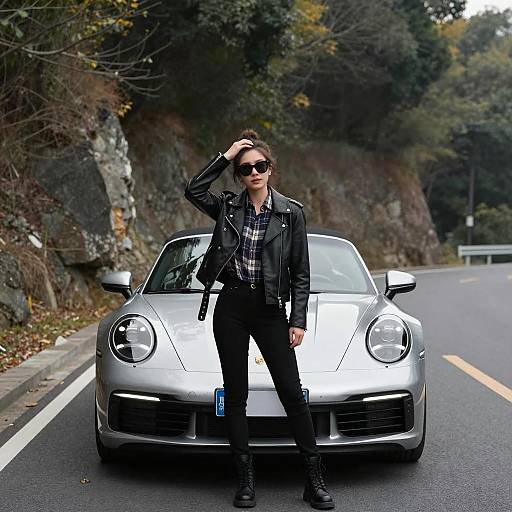 Stylish Woman with a Porsche on the Road