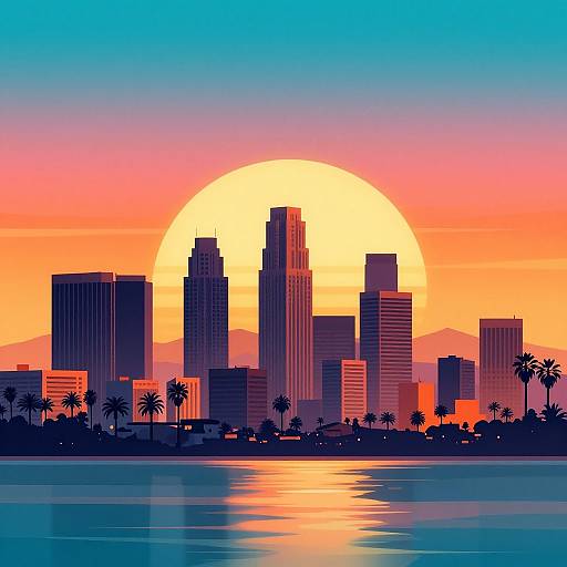 Digital illustration of a vibrant sunset over a city skyline with tall buildings, palm trees, and a reflective water surface.