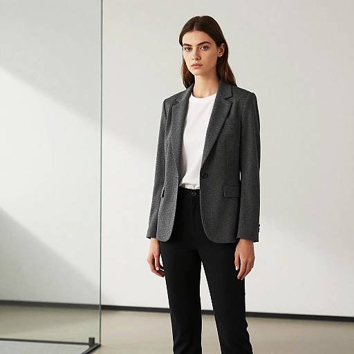 Photograph of a young woman with straight brown hair, wearing a dark gray blazer, white t-shirt, and black pants, standing against a bright