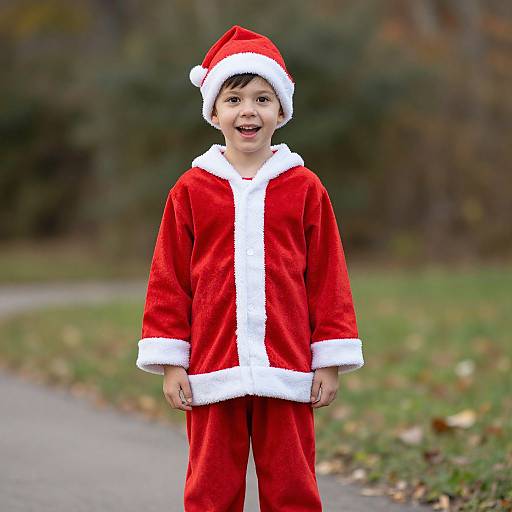 Boy in Christmas Pudding Costume Outdoors