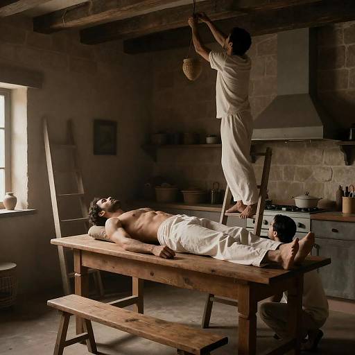 Dim Rustic Kitchen with Ladder Scene