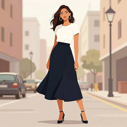 Digital illustration of a confident woman with long brown hair, wearing a white top, high-waisted navy skirt, and black heels, standing on a