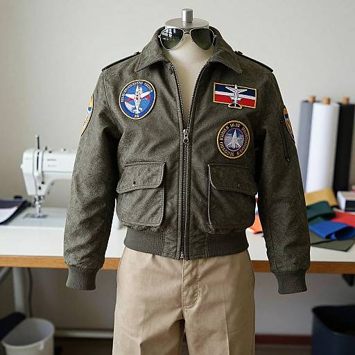 Photograph of a gray military-style jacket with multiple patches and a flag, displayed on a mannequin, against a sewing machine background.