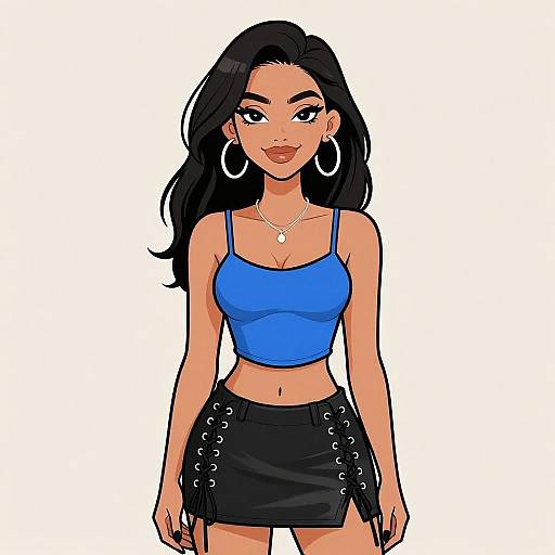 Digital illustration of a confident, dark-haired woman with large hoop earrings, wearing a blue crop top and black lace-up skirt, white background.