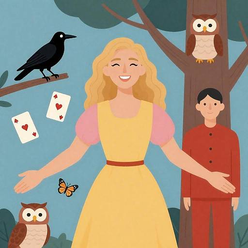 Smiling Woman with Forest Animals and Playing Cards Illustration