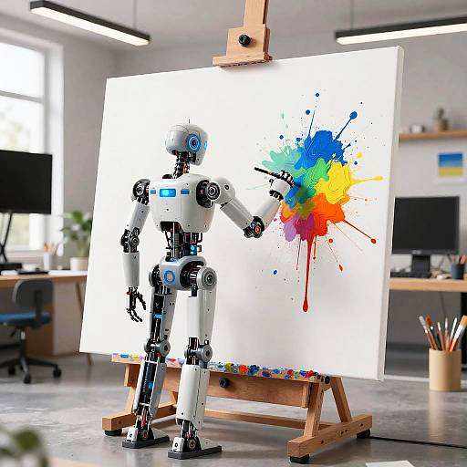 Robot Artist Painting in Modern Studio