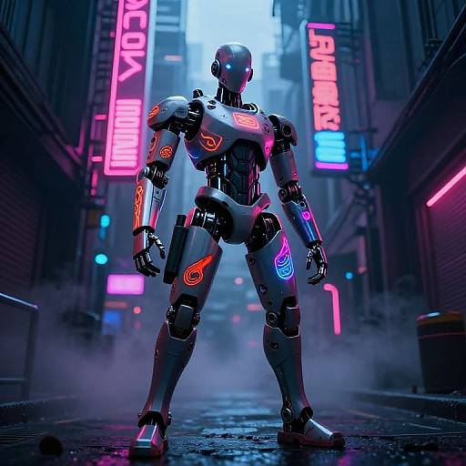 Cybernetic soldier with glowing neon accents stands in a neon-lit, foggy urban alleyway, holding a gun, futuristic cyberpunk scene