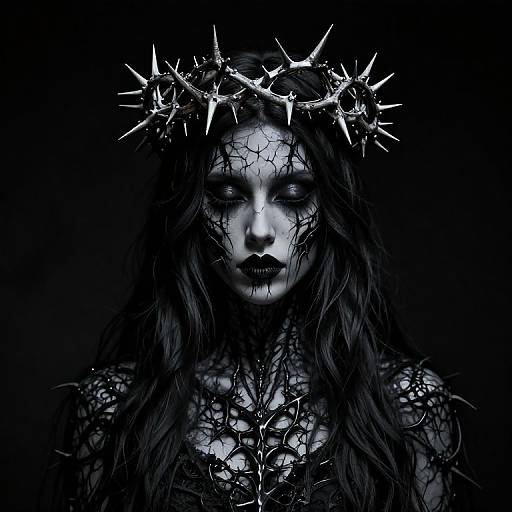 Gothic digital artwork of a pale woman with dark, cracked makeup, long black hair, and a spiked crown, set against a black background.