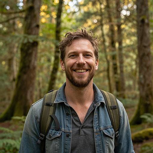 Photograph of a smiling, bearded man with short, curly brown hair, wearing a denim shirt and backpack, in a sunlit forest.