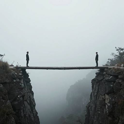 Silhouetted man stands on narrow cliff bridge between two rocky cliffs, foggy background, serene and mysterious atmosphere, photograph.