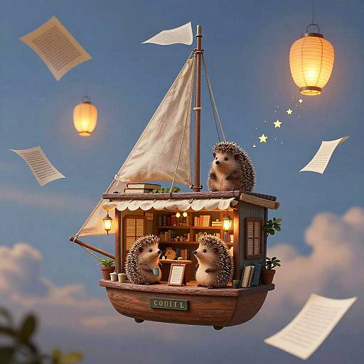 Whimsical Floating Hedgehog Bookshop