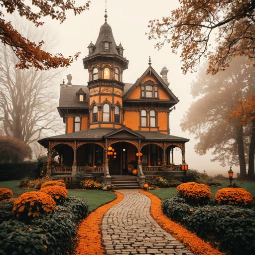 Victorian House in Foggy Autumn Morning