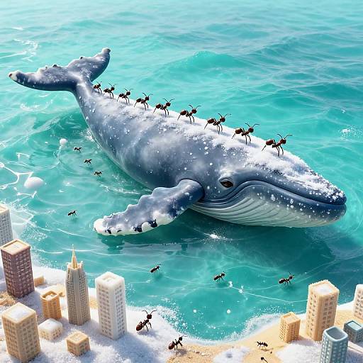 Digital illustration of a giant blue whale with tiny ants on its back, swimming near a coastal city with beige skyscrapers. Bright turquoise ocean surrounds.