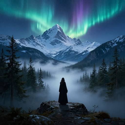Photograph of a solitary figure in a dark hooded cloak, seated on a rock, gazing at vibrant green and purple auroras over snow-c
