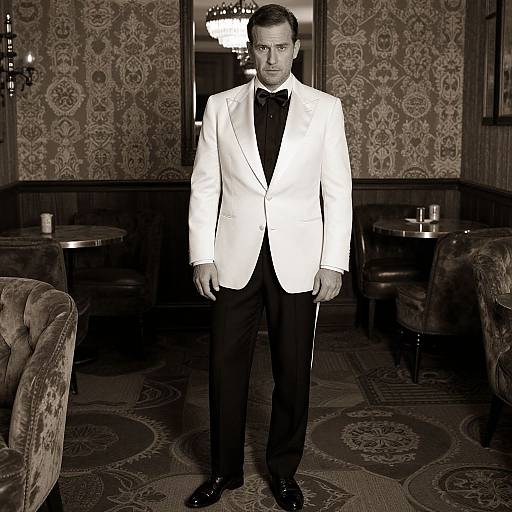Black-and-white photograph of a serious man in a white tuxedo, black bow tie, standing in an ornate, patterned room with vintage