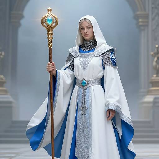 Digital artwork of a young white woman in white and blue medieval wizard robe, holding a glowing blue staff, standing in a misty, archway-l