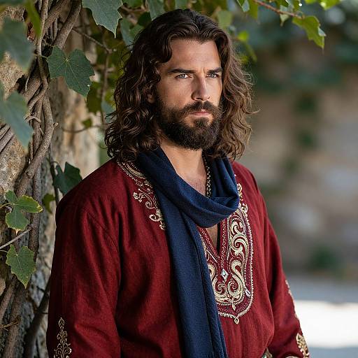 Photograph of a bearded, long-haired man with fair skin, wearing a red embroidered tunic and blue scarf, standing against a tree with green