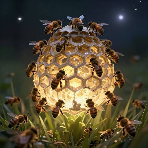 Photograph of a glowing honeycomb lantern surrounded by numerous honeybees at night, with a starry sky in the background.