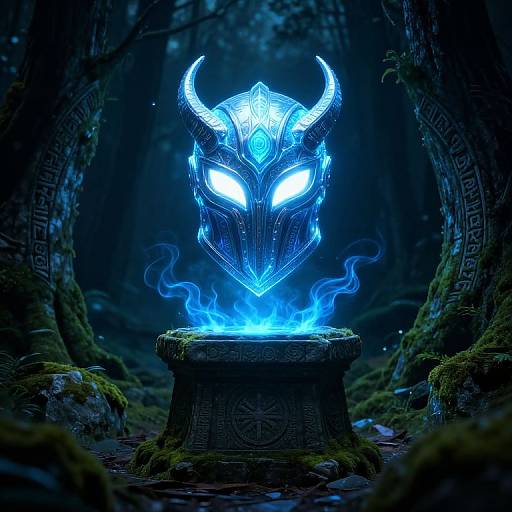 Digital artwork of a glowing blue, horned mask with fierce white eyes, floating above a moss-covered stone pedestal in a dark, enchanted forest.