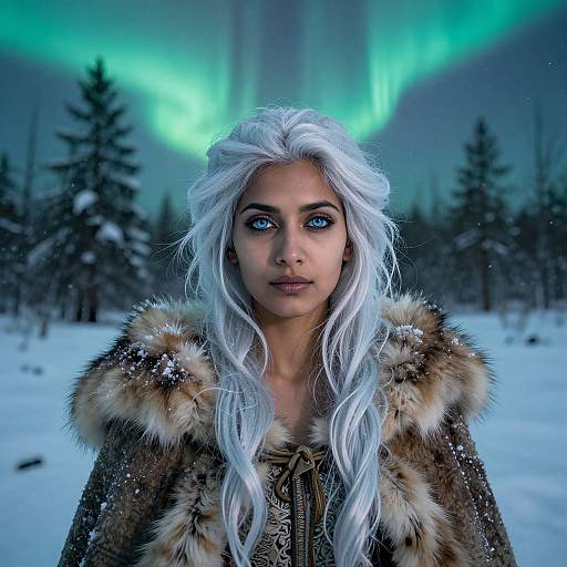 Photorealistic digital artwork of a white-haired woman with blue eyes, wearing a fur-trimmed coat, standing in a snowy forest under the Northern