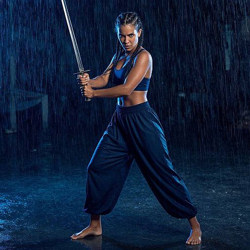 Fierce Woman Warrior in Rainstorm