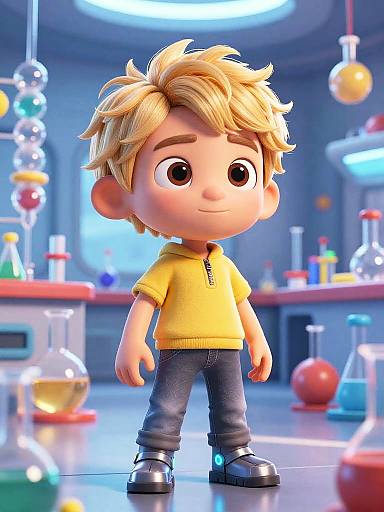3D Cartoon Boy in Futuristic Lab