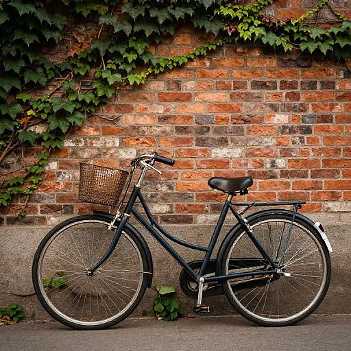 Photograph of a vintage black bicycle with a wicker basket, parked against a rustic red-brick wall covered in green ivy.