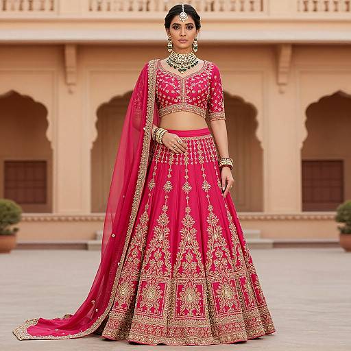 Photograph of a South Asian woman in a vibrant pink traditional lehenga with gold embroidery, adorned with jewelry, standing in front of a beige, ar