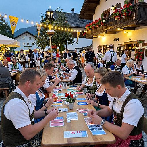 Photograph of six men in traditional Bavarian attire playing cards at an outdoor German beer garden, surrounded by festive string lights and blooming red flowers.