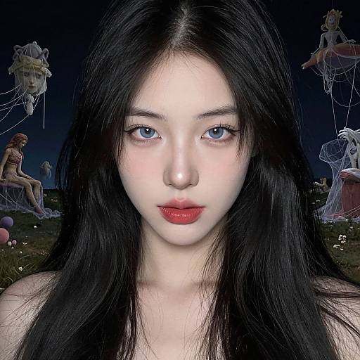 Digital art: Close-up of a pale-skinned, blue-eyed Asian woman with long black hair, red lips, and ethereal background featuring ghost-like