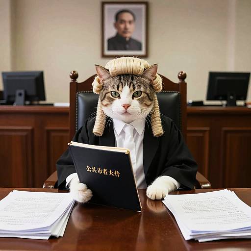 Photograph of a tabby cat in a black suit and white shirt, holding a black book, with a wig on its head, sitting at a