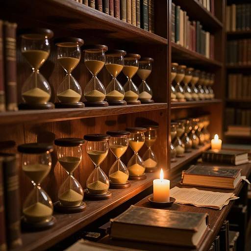Photograph of a dimly lit library shelf filled with hourglasses, some lit by candles, alongside old, leather-bound books. Warm, ambient