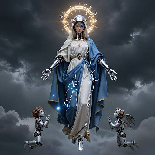 Digital illustration of a cybernetic Virgin Mary with glowing halo, surrounded by two robotic angels, against a dark, cloudy sky.