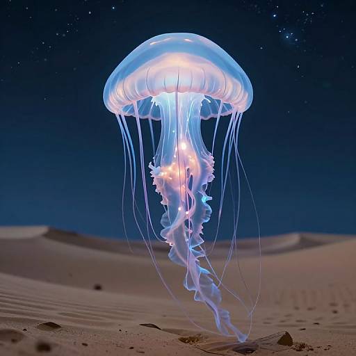 Photorealistic CGI of a glowing blue jellyfish with translucent, flowing tentacles floating above a desert landscape under a starry night sky.