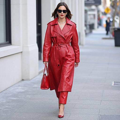 Photograph of a confident woman in a vibrant red trench coat and red heels, carrying a red handbag, walking down a city sidewalk. She wears