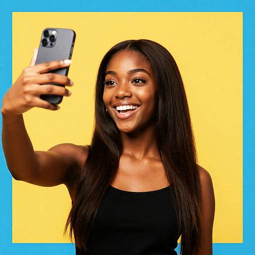 Photograph of smiling Black woman with long straight hair, wearing black tank top, taking selfie with iPhone against yellow and blue background.