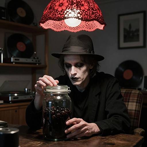 Pale Man with Glass Jar in Moody Room