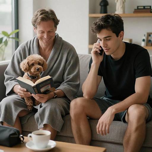 Two Men Relaxing on Couch with Dog and Coffee